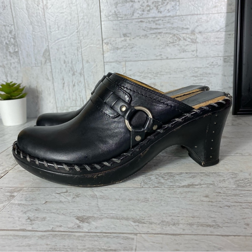 Frye Charlotte 2 Mules Heels Black Leather Womens Size 8 M